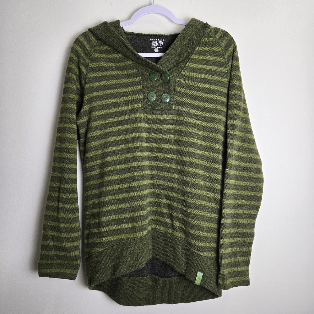 Mountain Hardwear Outdoorsy Hiking Recycled Wool Green Striped Hoodie L
